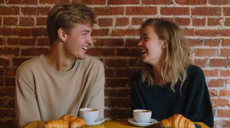 Couple enjoys coffee and pastries in cozy cafe setting, sharing laughter with joyの素材
