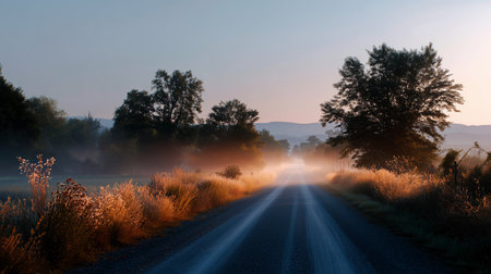 Misty morning on a quiet country road lined with tall grass and trees in soft lightの素材