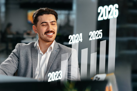 Businessman analyzing growth trends and future projections in a modern office in 2023の写真素材