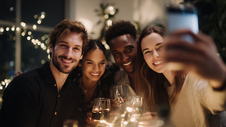 Friends enjoying a joyful gathering with drinks and laughter in a cozy room at nightの素材