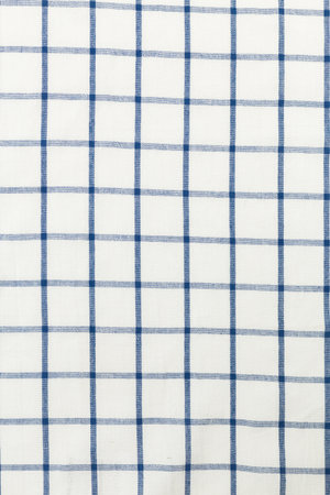 Classic blue and white checked fabric with a simple grid pattern in a textile shopの写真素材