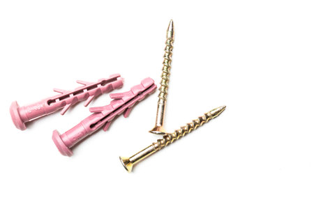 Various plastic anchors and screws arranged on a white background for construction projects