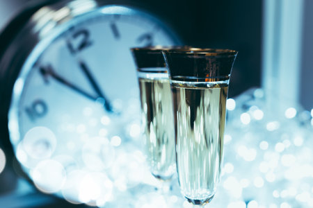 Celebration with champagne glasses and clock indicating midnight on New Years Eve