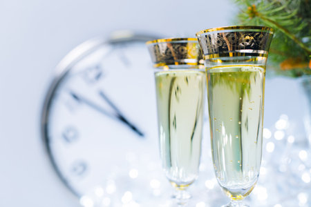 Celebration drinks with clock in background marking New Years Eve countdown