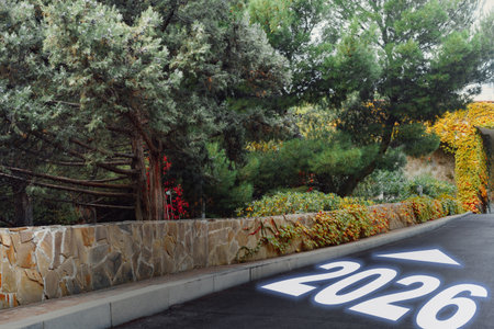 Pathway marked with the year 2026 amidst greenery in a tranquil setting