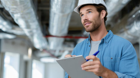 Construction worker inspecting site while taking notes in a modern buildingの素材