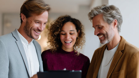 Three colleagues share a light moment while looking at a tablet in a modern office spaceの素材