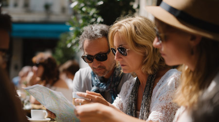 Group of friends enjoying coffee while examining a map at a busy outdoor cafeの素材