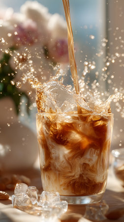 Pouring iced coffee with milk creating splashes in a glass during a warm dayの素材