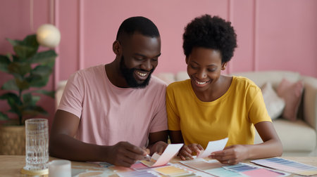 Couple enjoying color swatches while planning their home decor together in a cozy spaceの素材