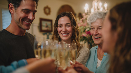 Friends celebrate together with toasts and laughter during a cozy gathering at homeの素材