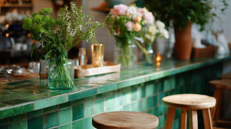 Vibrant flowers decorate a cozy green bar at a local cafe in the morningの素材
