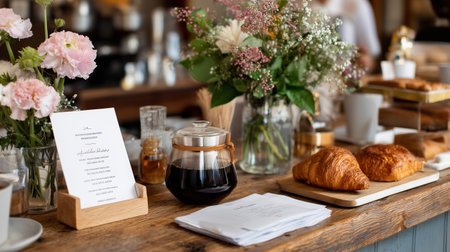 Coffee shop scene with fresh pastries and flowers during morning hoursの素材
