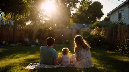 Family enjoys a peaceful evening together in a backyard during sunsetの素材