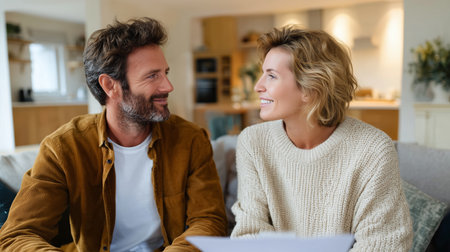 Couple enjoys a warm conversation in their cozy living room during the afternoonの素材