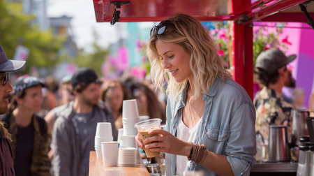 Smiling woman enjoying iced drink at outdoor festival in vibrant city settingの素材