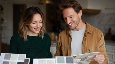 Couple selecting paint colors in a cozy kitchen during a home renovation projectの素材