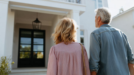 Couple walking towards a modern house on a sunny day in a friendly neighborhoodの素材