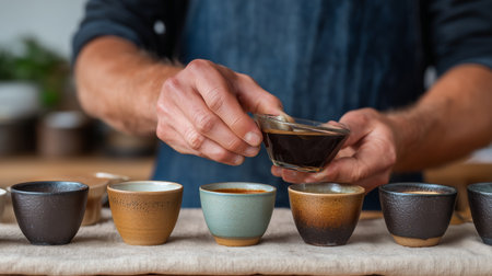 Expert barista preparing a tasting flight of coffee cups at a local cafeの素材