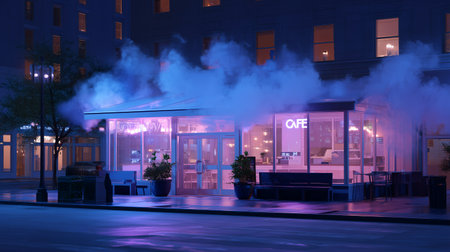 Cafe illuminated with purple lights and fog during nighttime in a city streetの素材