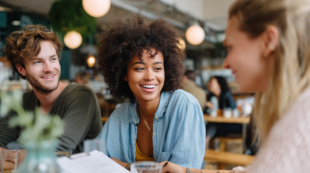 Friends enjoying laughter and conversation in a cozy cafe setting during the afternoonの素材