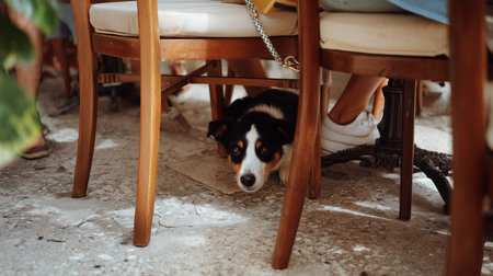 Dog relaxing under restaurant chairs in outdoor dining area on sunny dayの素材