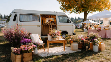 Charming flower market setup near a vintage van on a sunny autumn dayの素材