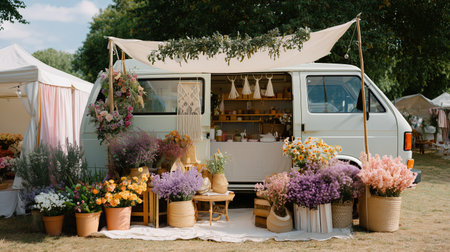 Colorful flower market setup next to a vintage van at an outdoor fair in summerの素材