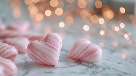 Heart-shaped candies on a marble surface with soft glowing lights in the backgroundの素材
