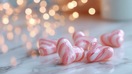 Colorful heart-shaped candies on a marble surface with soft glowing lights in the backgroundの素材