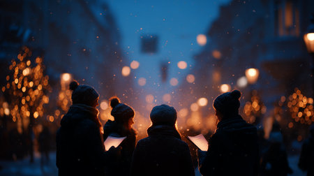 Evening carolers singing in a snowy street surrounded by festive lights and decorationsの素材