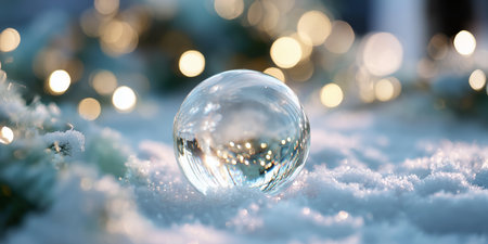 Crystal orb resting on soft snow with sparkling lights in the background during winter eveningの素材