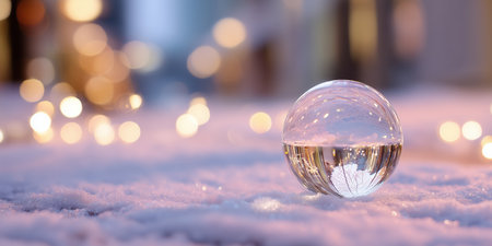 Clear sphere reflects winter scene with glowing lights in soft snowの素材