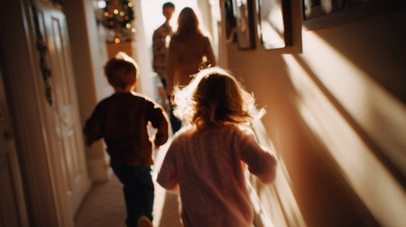 Children running joyfully down a hallway during a festive family gathering in cozy evening lightの素材