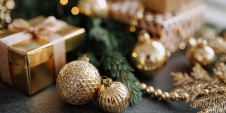 Golden ornaments and gifts create a festive atmosphere for the holiday seasonの素材
