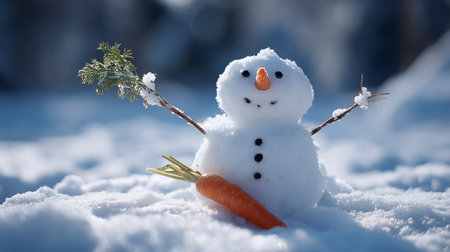 Snowman made of snow with carrot nose and twig arms in winter landscapeの素材