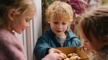 Kids enjoying homemade cookies on a cozy afternoon at homeの素材