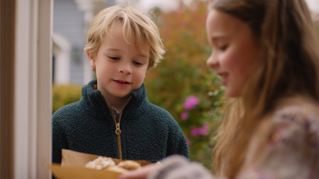 Kids share cookies at the doorway in a friendly neighborhood setting during autumnの素材