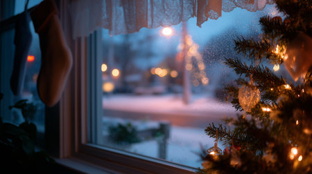 Cozy living room view with Christmas tree and snow outside at eveningの素材