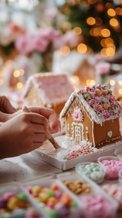 Person decorating gingerbread house with colorful candy in festive indoor settingの素材