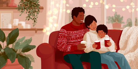 Happy family enjoying hot drinks together in a cozy living room during winterの素材