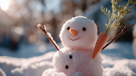 Snowman stands cheerfully in a snowy yard during a sunny winter afternoonの素材