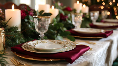 Elegant holiday dining table set with candles and festive decorations for a special gatheringの写真素材