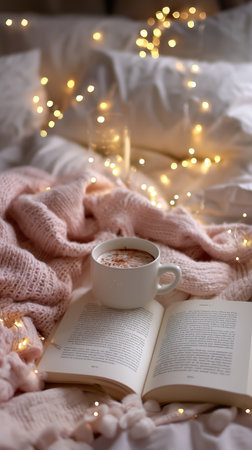 Cozy morning with hot drink, a book, and warm lights in a comfortable bed settingの素材