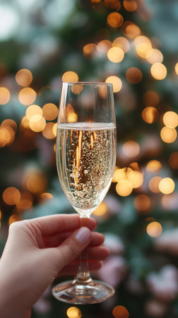 Celebration toast with sparkling drink against a backdrop of shining lightsの素材