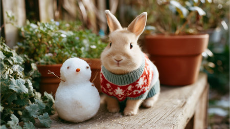 Bunny enjoys winter alongside a cute snowman in a cozy garden settingの素材
