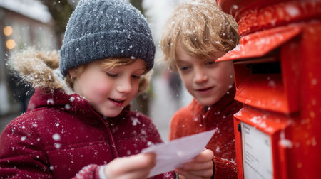 Children enjoying snowy day while mailing a letter at bright orange mailboxの素材