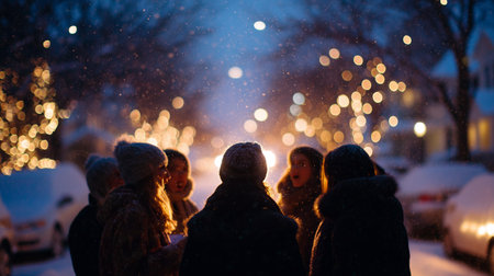 People gather outside in the snow, enjoying the festive atmosphere during a winter eveningの素材