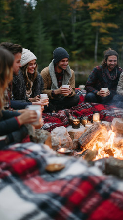 Friends gather around a campfire wearing cozy winter clothes during an evening in natureの素材