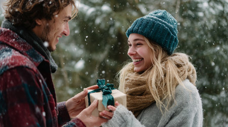 Young couple sharing a joyful moment while exchanging a gift in the snowy forestの素材